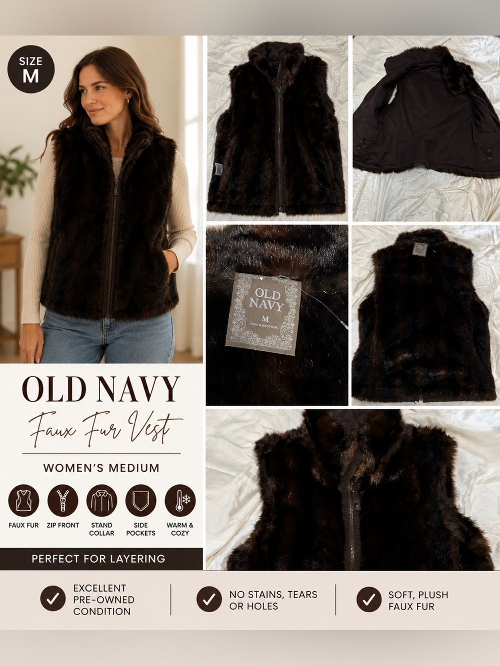 Old Navy Faux Fur Vest Brown Zip Front Mock Neck Women’s Medium